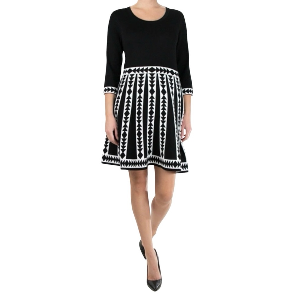 Nina Leonard Geometric A-Line Dress Size Large Black Mink NWT Career Office